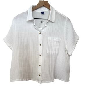 Old Navy White Short Sleeve Button Down Collared Flowy Cotton Coastal Blouse L